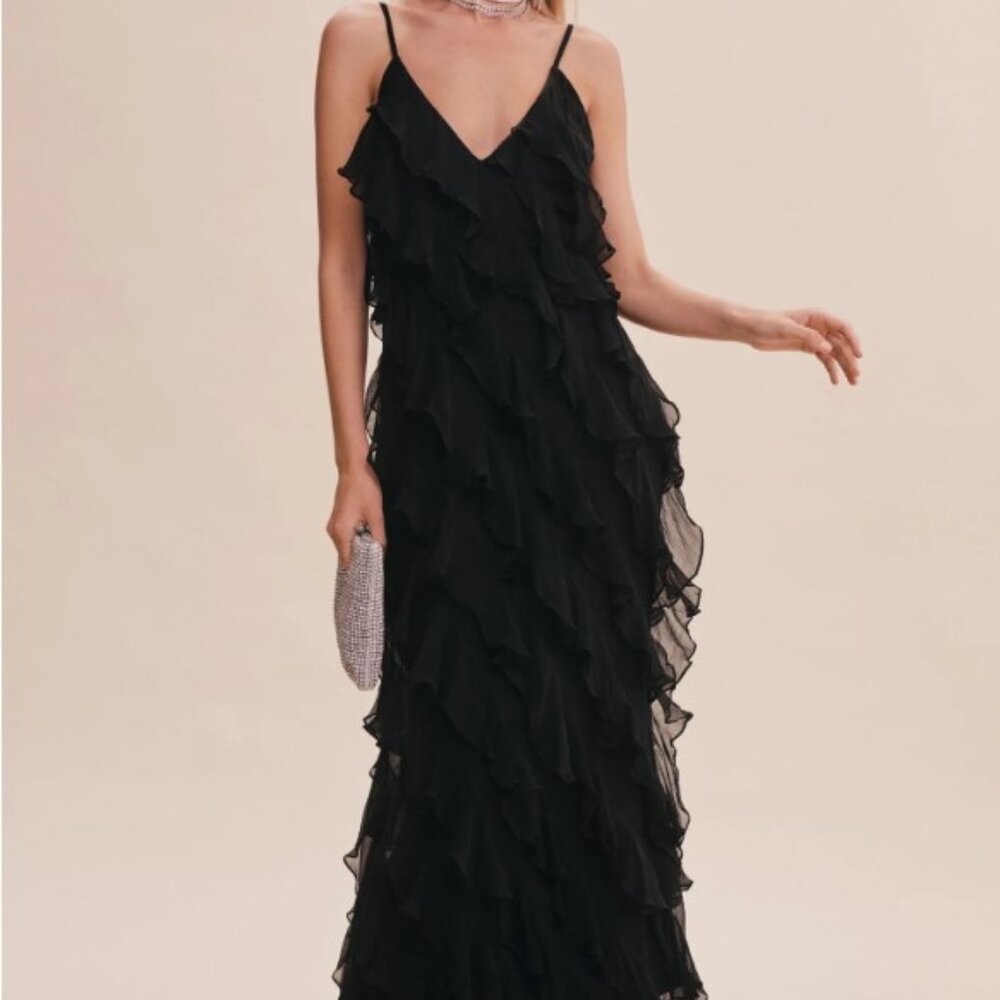 EUC BHLDN Jia Bias-Cut Ruffled V-Neck Gown 14